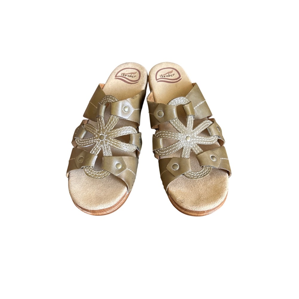 Dansko Floral Leather Slide Sandals Womens 39 Olive Green Clog Heel